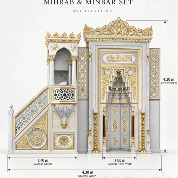 Marble mosque mihrab set dimensioned front view