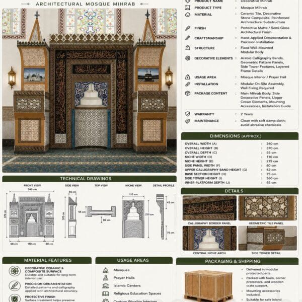 Ensemble mihrab, minbar et estrade de prédication en carreaux décoratifs pour mosquée – modèle TST-0004 – Vue détaillée 2