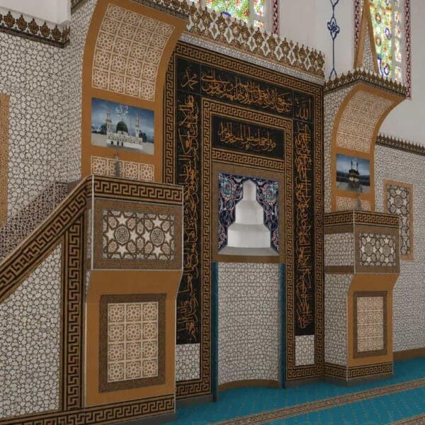 Ensemble mihrab, minbar et estrade de prédication en carreaux décoratifs pour mosquée – modèle TST-0004 – Vue détaillée 3