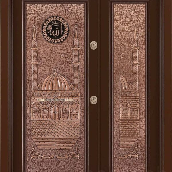 Porte d’entrée de mosquée en métal habillé de cuivre – Vue détaillée 4