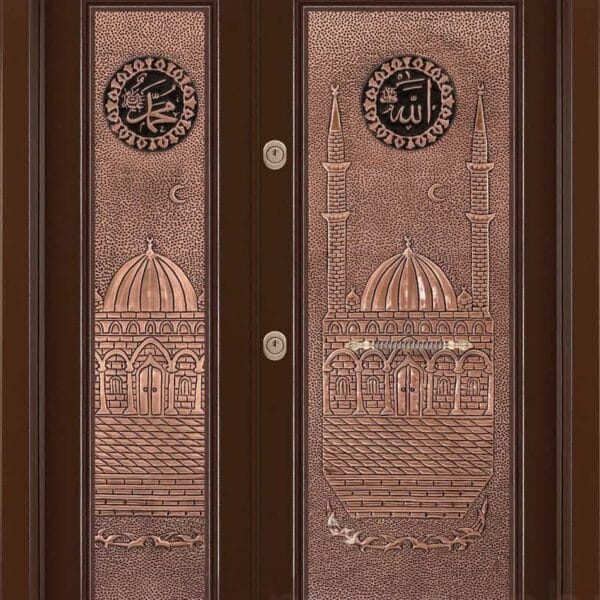 Porte d’entrée de mosquée en métal habillé de cuivre – Vue détaillée 3