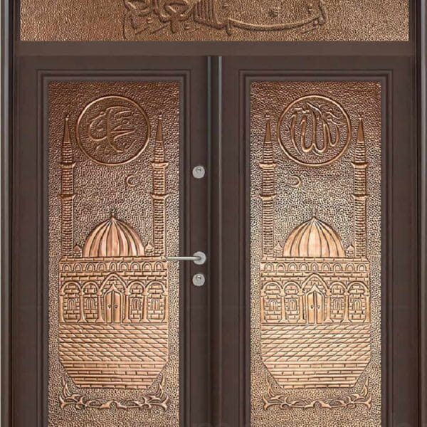 Porte d’entrée de mosquée en métal habillé de cuivre – Vue détaillée 2