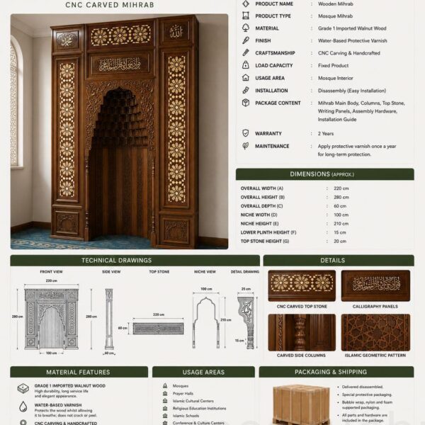 Wooden Mosque Mihrab – Model WMH-0001 – wooden mosque mihrab detail view 6