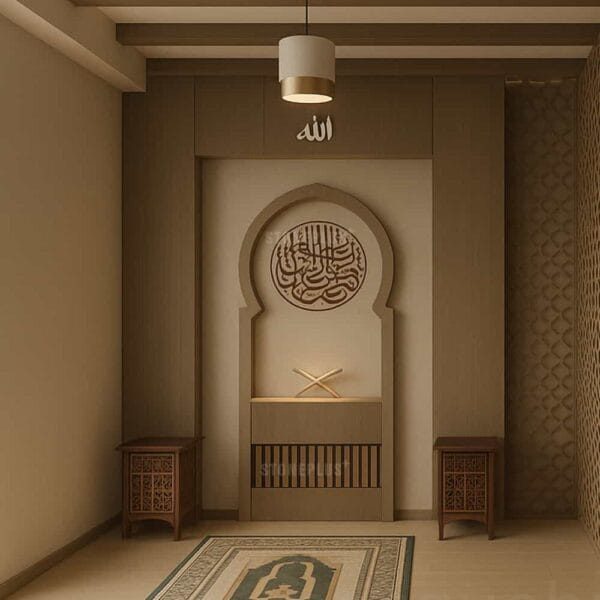 Custom Prayer Room Interior Design – Model PR-0003 – wooden mosque mihrab detail view 1
