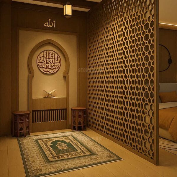 Custom Prayer Room Interior Design – Model PR-0003 – wooden mosque mihrab detail view 2