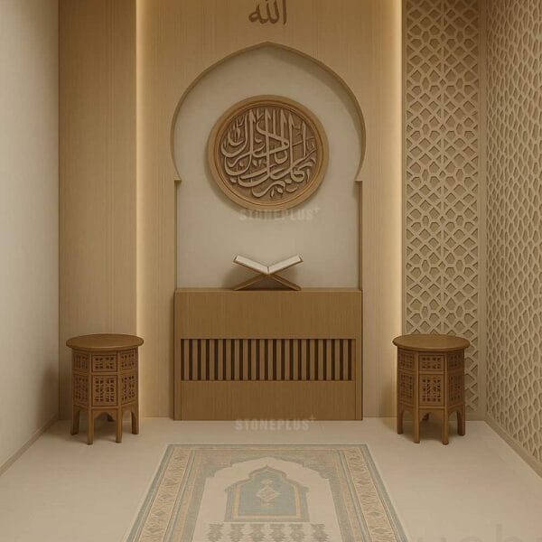 Custom Prayer Room Interior Design – Model PR-0003 – wooden mosque mihrab detail view 3
