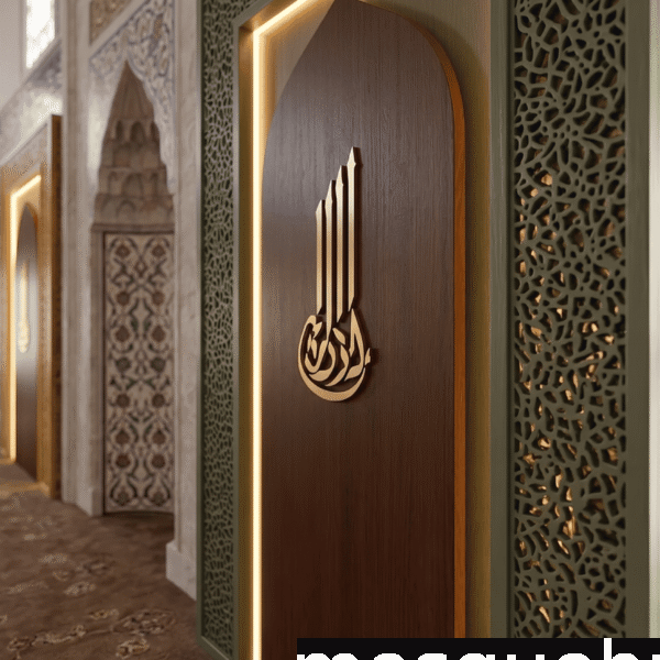 Mihrab en bois à trois panneaux avec éclairage LED – Modèle WMH-0041 – Vue détaillée 2