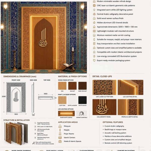 Modern Panel Wooden Mosque Mihrab – wooden mosque mihrab detail view 1