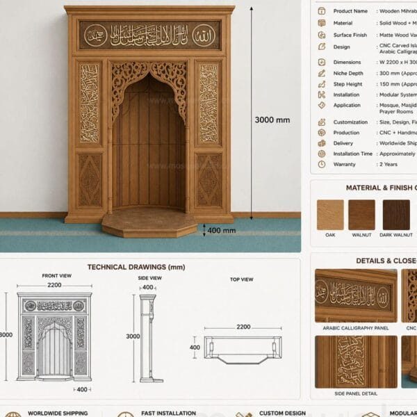 Mihrab en bois pour mosquée – Modèle WMH-0027 – Vue détaillée 1