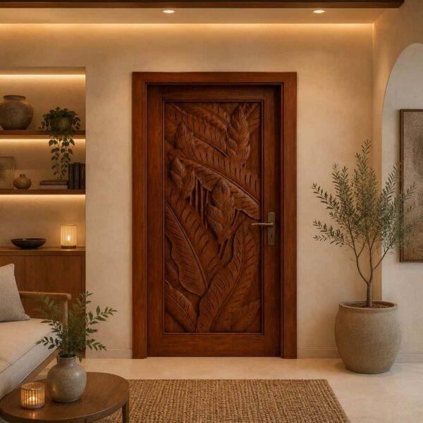 Walnut Single-Leaf Wooden Mosque Door – Model WDR-0015 – handcrafted kundekari mosque door detail view 1