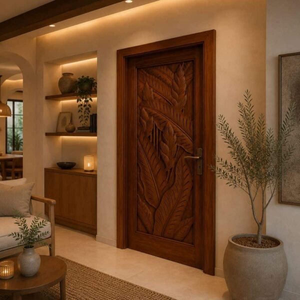 Walnut Single-Leaf Wooden Mosque Door – Model WDR-0015 – handcrafted kundekari mosque door detail view 2