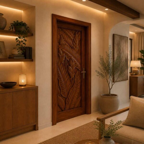 Walnut Single-Leaf Wooden Mosque Door – Model WDR-0015 – handcrafted kundekari mosque door detail view 3
