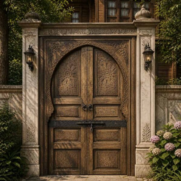 Walnut Double-Leaf Wooden Mosque Door – Model WDR-0012 – handcrafted kundekari mosque door detail view 1