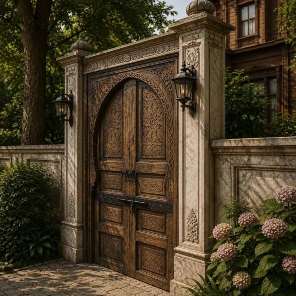 Walnut Double-Leaf Wooden Mosque Door – Model WDR-0012 – handcrafted kundekari mosque door detail view 2