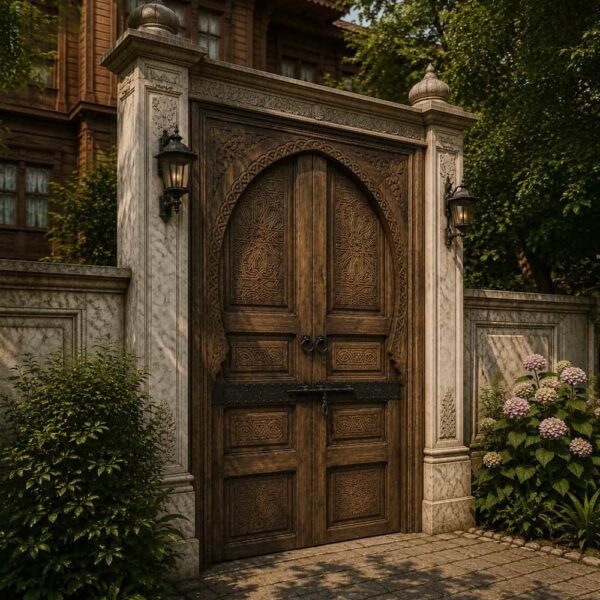 Walnut Double-Leaf Wooden Mosque Door – Model WDR-0012 – handcrafted kundekari mosque door detail view 3