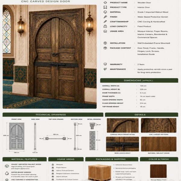 Walnut Double-Leaf Wooden Mosque Door – Model WDR-0012 – handcrafted kundekari mosque door detail view 4