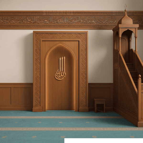 Wooden Mosque Mihrab, Minbar and Dais Set – wooden mosque mihrab detail view 1