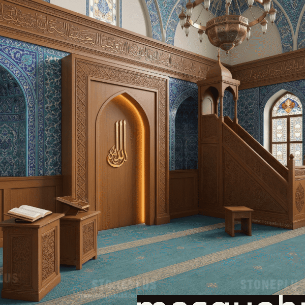 Wooden Mosque Mihrab, Minbar and Dais Set – wooden mosque mihrab detail view 3