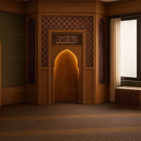 Custom Prayer Room Interior Design – Model PR-0008 – wooden mosque mihrab detail view 1