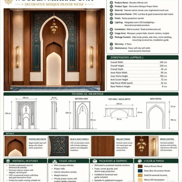 Mihrab en bois pour mosquée – Modèle WMH-0030 – Vue détaillée 2