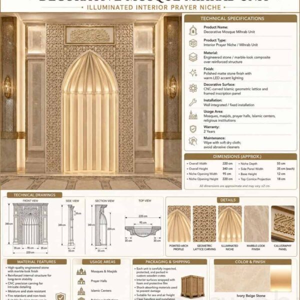 Luxury Calligraphy-Decorated Marble Mosque Mihrab – wooden mosque mihrab detail view 4