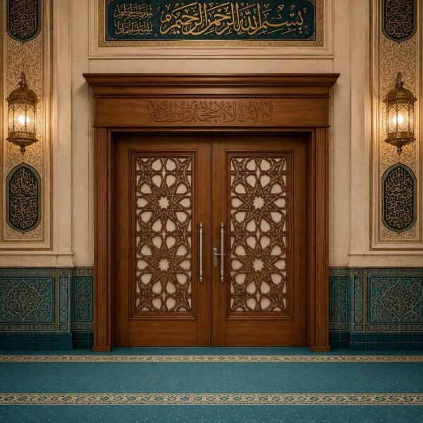 Walnut Double-Leaf Wooden Mosque Door – Model WDR-0073 – handcrafted kundekari mosque door detail view 1