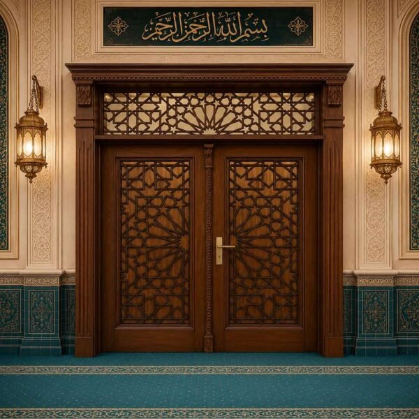 Walnut Wooden Mosque Door – Model WDR-0074 – handcrafted kundekari mosque door detail view 1