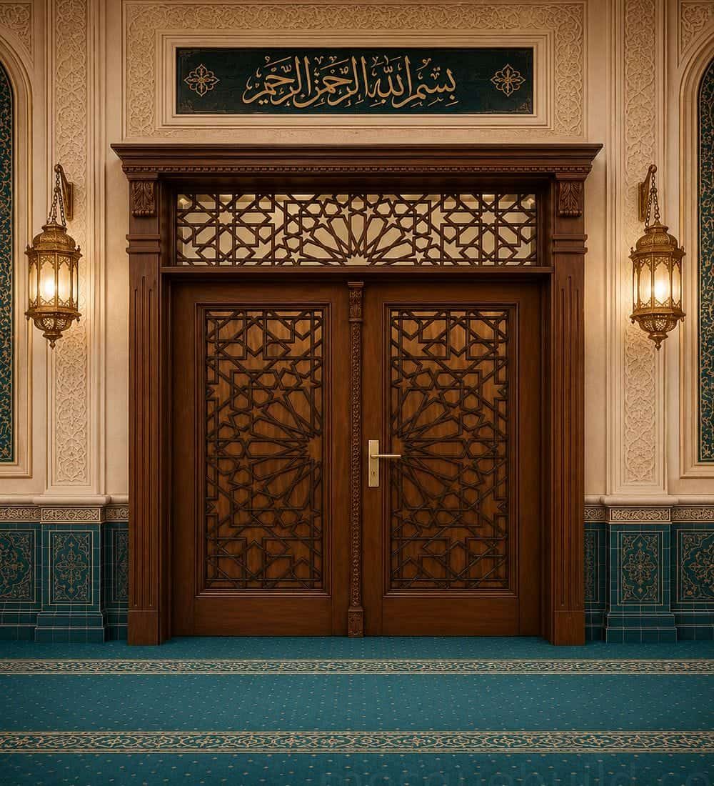 Walnut Wooden Mosque Door – Model WDR-0074 – Detail View 1 | MosqueBuild Estrade moderne Al Noor en bois pour mosquée – WDR-0074 – Vue détaillée 1