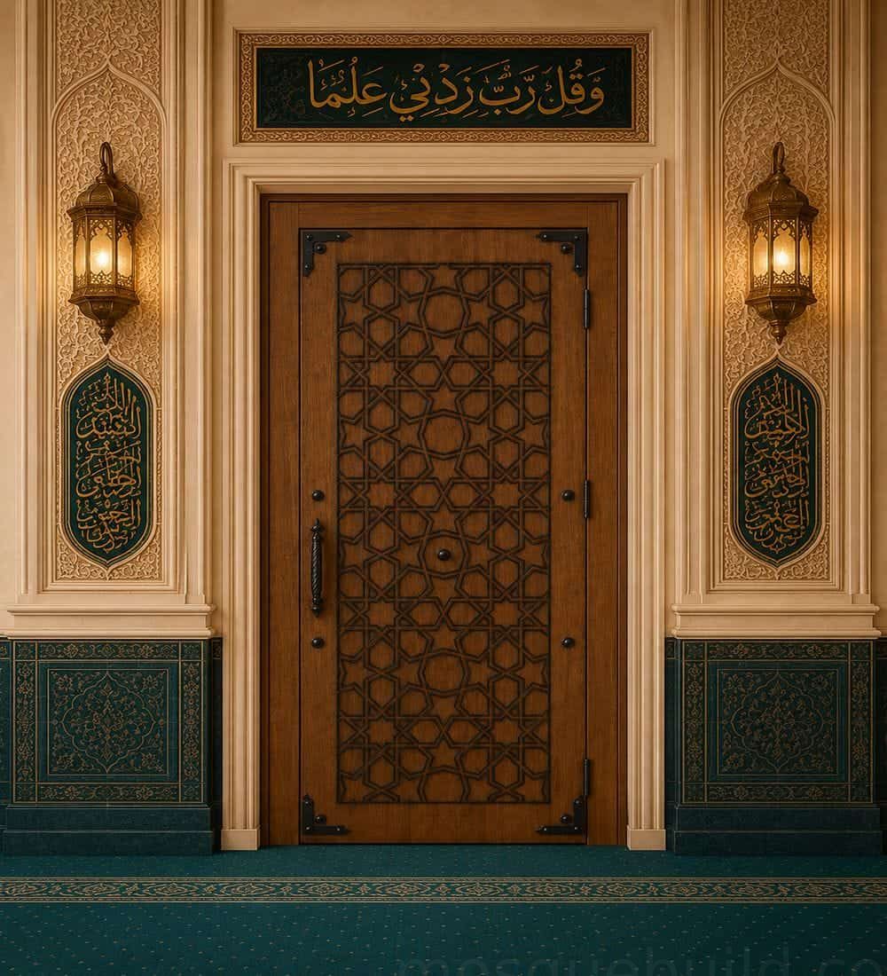 Walnut Single-Leaf Wooden Mosque Door – Model WDR-0075 – Detail View 1 | MosqueBuild باب مسجد خشبي من الجوز بضلفة واحدة – الموديل WDR-0075 – عرض تفصيلي 1