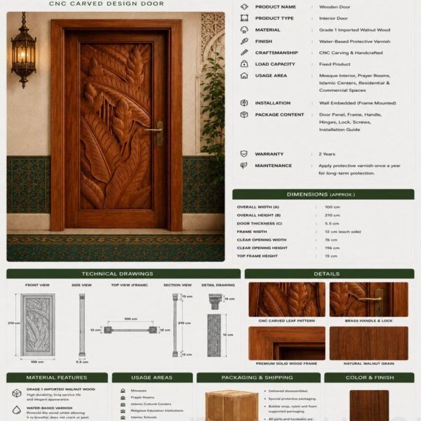 Walnut Single-Leaf Wooden Mosque Door – Model WDR-0015 – handcrafted kundekari mosque door detail view 4