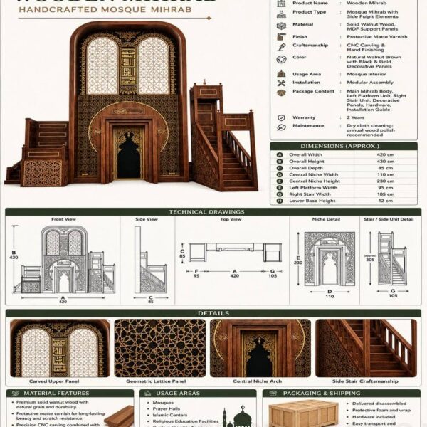 Wooden Mosque Mihrab and Minbar and Dais Set – WP-03 – wooden mosque mihrab detail view 6