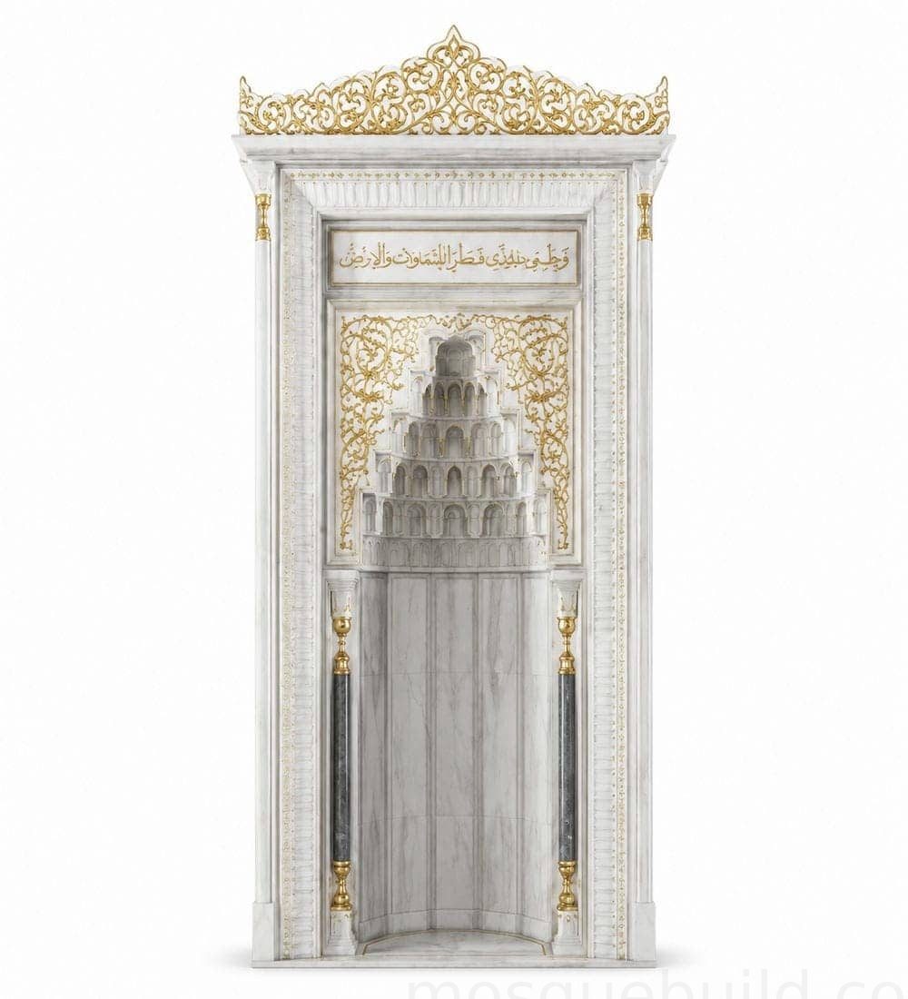Marble Mosque Mihrab and Minbar and Dais Set – Model MST-0007 | MosqueBuild طقم محراب ومنبر ومنصة واعظ رخامية للمسجد – الموديل MST-0007