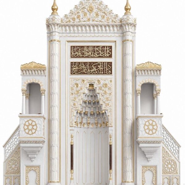 Marble Mosque Mihrab and Minbar and Dais Set – Model MST-0005 – custom marble mosque mihrab