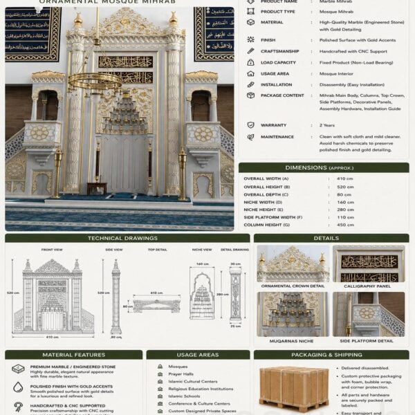 Marble Mosque Mihrab and Minbar and Dais Set – Model MST-0005 – wooden mosque mihrab detail view 2