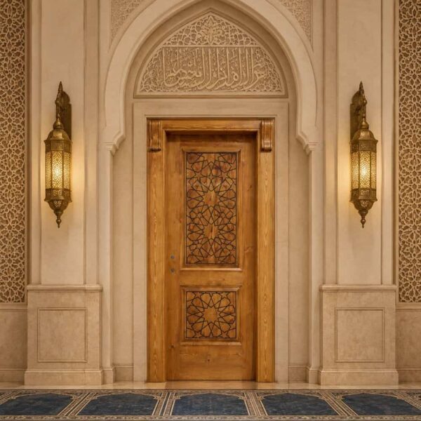Wooden Mosque Door – Model WDR-0005 – handcrafted kundekari mosque door detail view 1