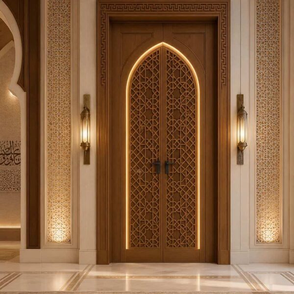 Wooden Mosque Door – Model WDR-0010 – handcrafted kundekari mosque door detail view 1