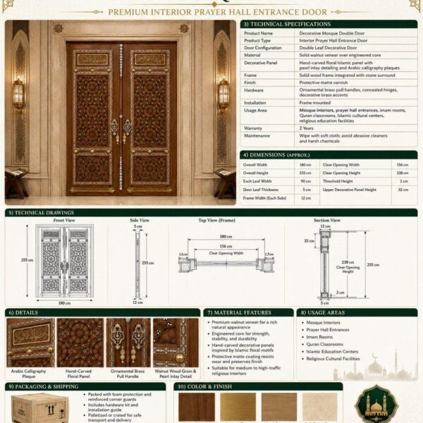Porte de mosquée en bois kündekâri – modèle KWD-05 – Vue détaillée 4