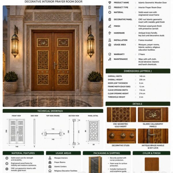 Porte de mosquée en bois kündekâri – modèle KWD-15 – Vue détaillée 5