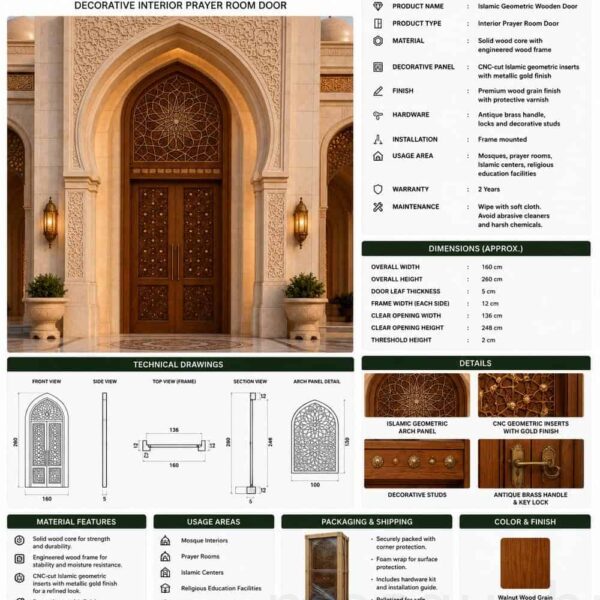 CNC Oyma Ahşap Cami Kapısı – Detay Görünümü 4