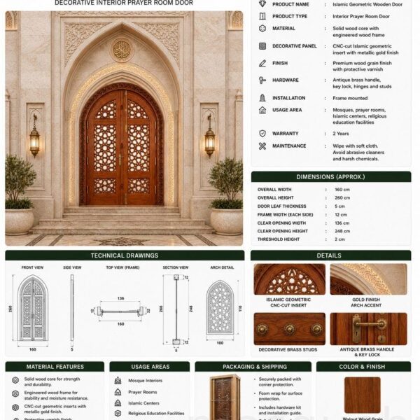 Porte de mosquée en bois – modèle WDR-0007 – Vue détaillée 6