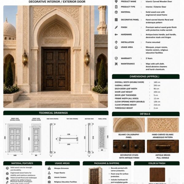 Wooden Mosque Door – WCD-12 – handcrafted kundekari mosque door detail view 2