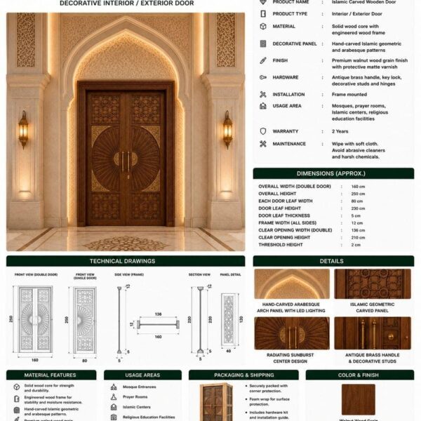 CNC Oyma Ahşap Cami Kapısı – Model WCD-03 – Detay Görünümü 3