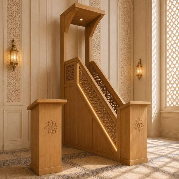 Holz-Innenausstattungsset für Moscheen mit Mihrab, Minbar und Tür – Detailansicht 3