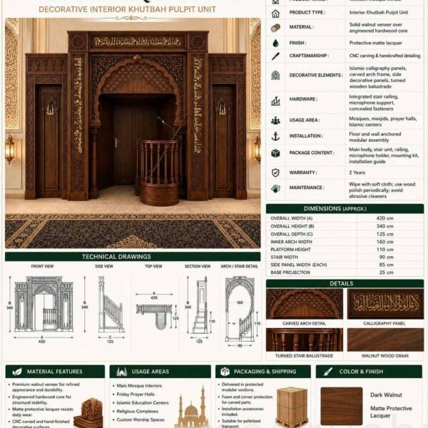 Ensemble mihrab et minbar en bois pour mosquée – modèle WST-0004 – Vue détaillée 2