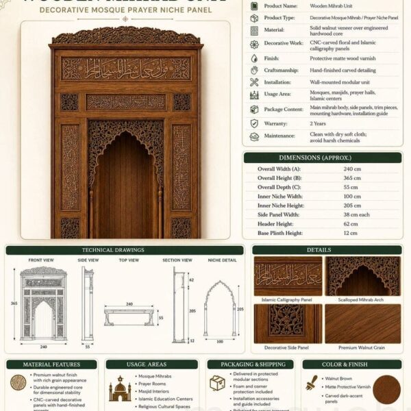 Mihrab en bois pour mosquée – Modèle WMH-0028 – Vue détaillée 3