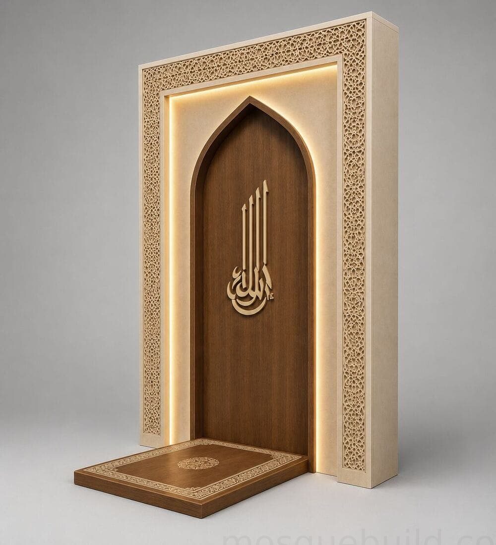 Modern LED-Lit Wooden Mosque Mihrab – Model WMH-0012 | MosqueBuild Mihrab moderne en bois pour mosquée avec éclairage LED – Modèle WMH-0012