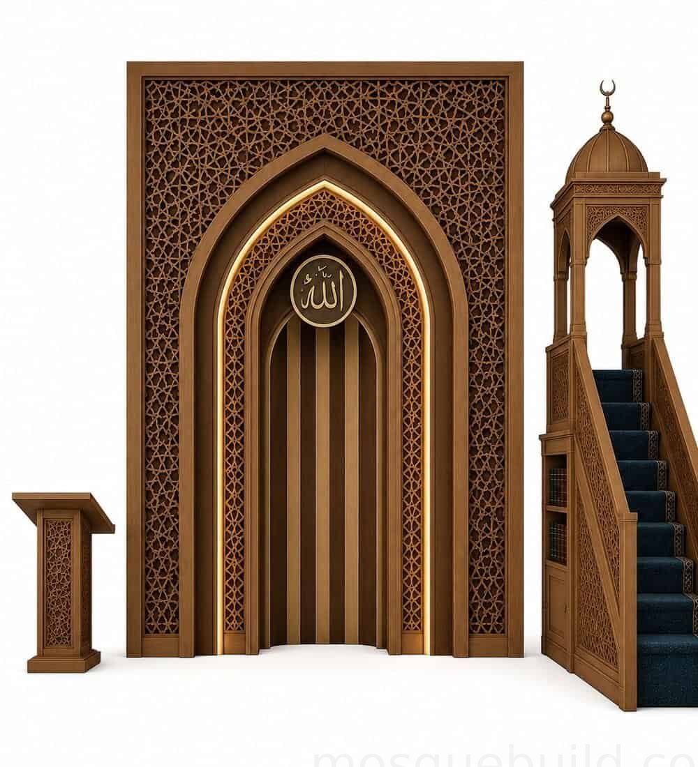 Modern Wooden Mosque Mihrab – Model WMH-0002 | MosqueBuild محراب مسجد خشبي حديث – موديل WMH-0002