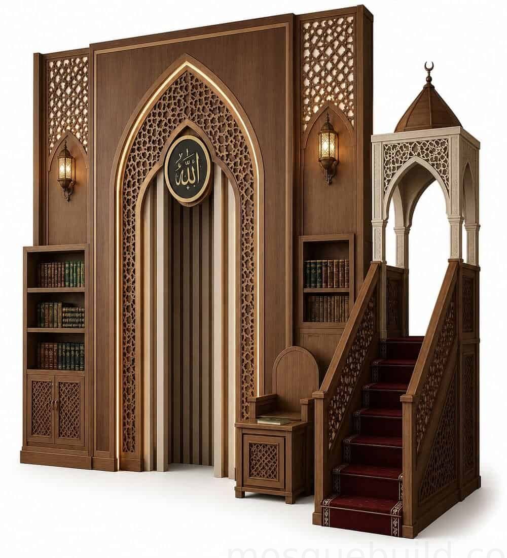 Modern Wooden Mosque Mihrab – Model WMH-0005 | MosqueBuild Moderner Holz-Mihrab für Moscheen – Modell WMH-0005