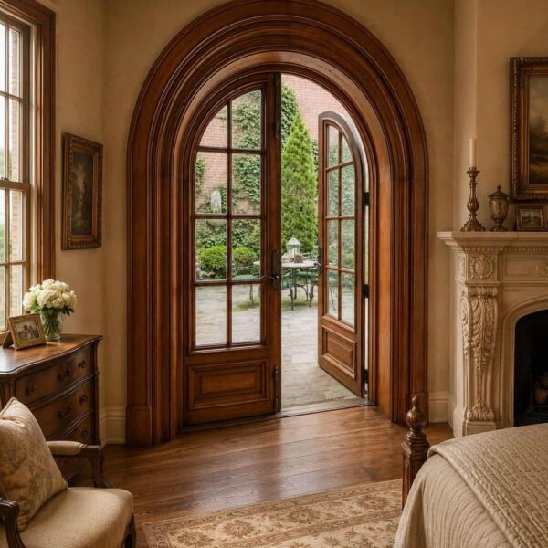 Classic Walnut Double-Leaf Wooden Mosque Door – handcrafted kundekari mosque door detail view 3