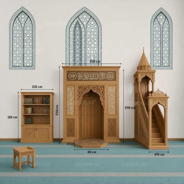 Custom Wooden Mosque Interior Set with Mihrab, Minbar and Bookcase – Model WST-0010 – custom wooden mosque mihrab